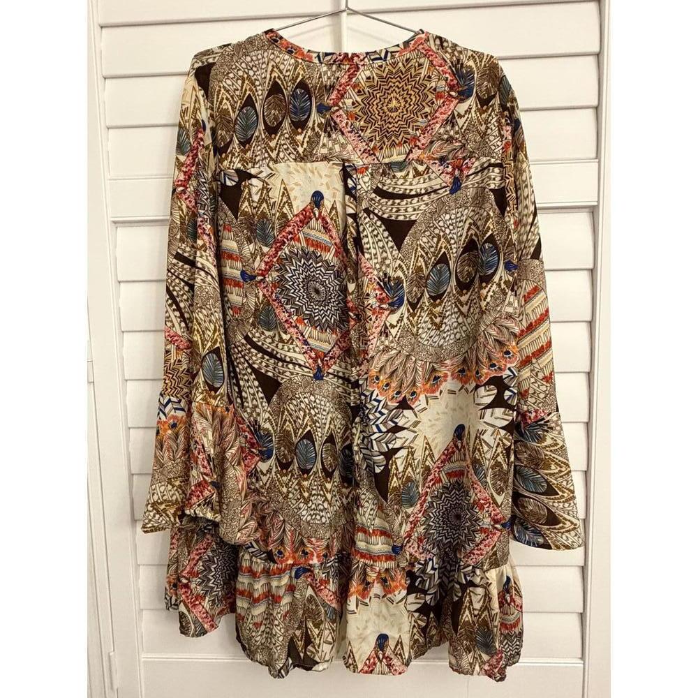 Umgee Boho Multicolor Printed Bell Sleeve Ruffle Hem Mini Dress Size L - Picture 6 of 6